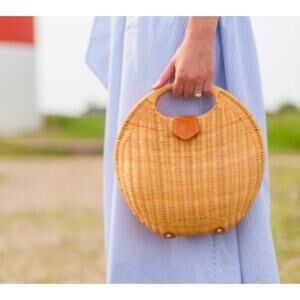 J.McLaughlin "Victoria" Round  Wicker Tote Bag with Blue Lining & Leather Accent